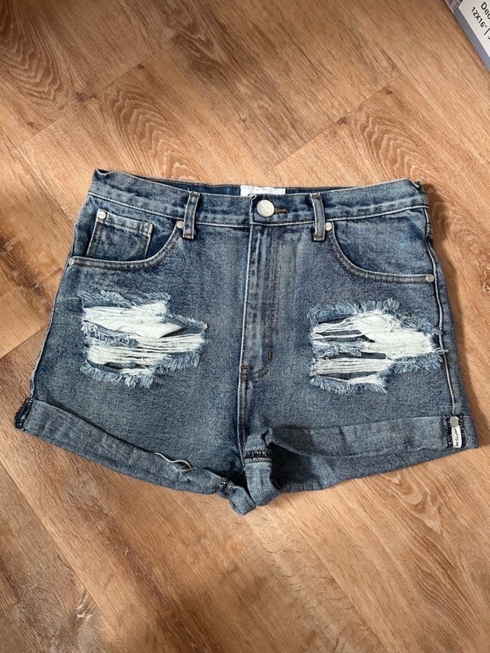 One Teaspoon Distressed Dark Blue High-Rise Jean Shorts